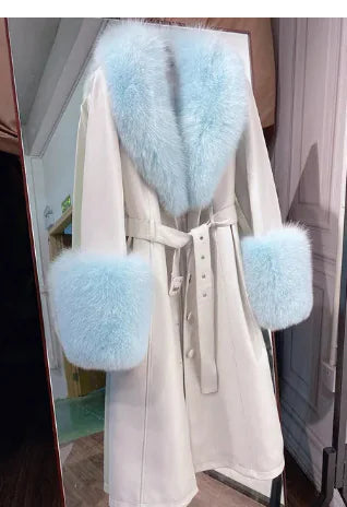 Sheepskin Leather Fox-Collar Coat