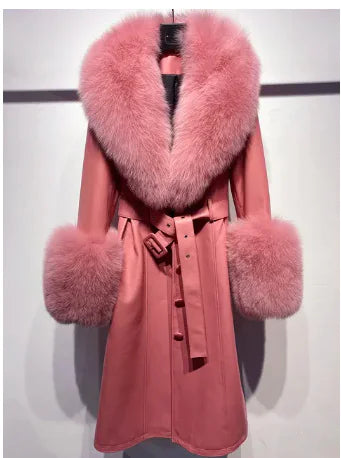 Sheepskin Leather Fox-Collar Coat