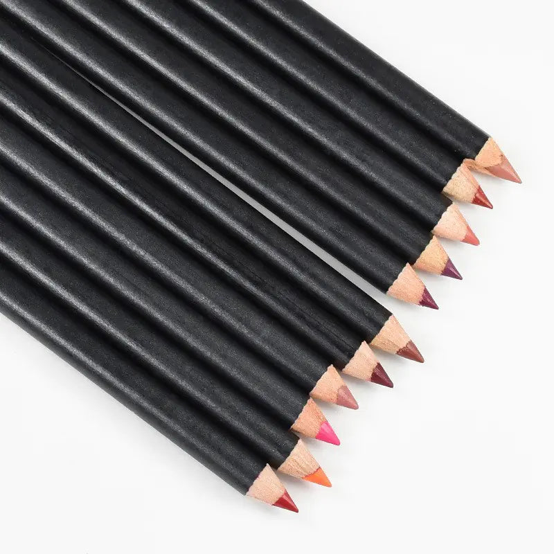 12-Piece Black Wooden Waterproof Lip Liners