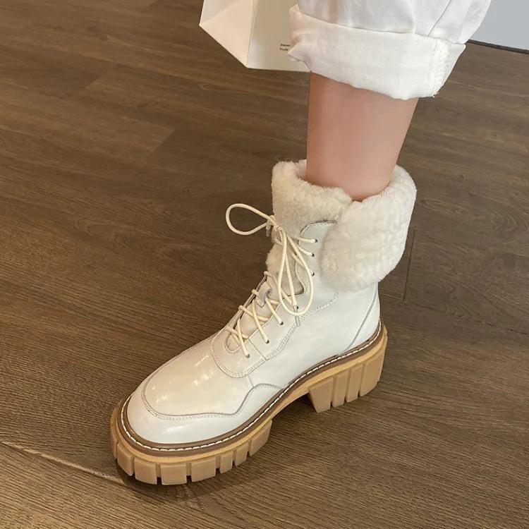 Chic Beige Leather High-Heel Snow Boots