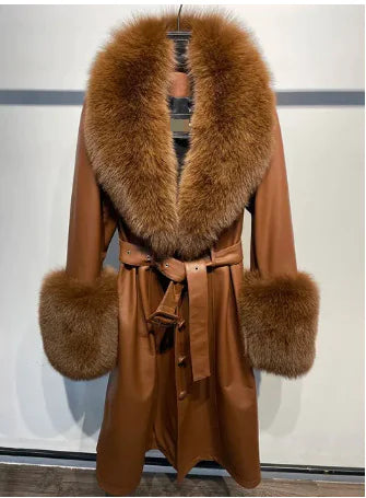 Sheepskin Leather Fox-Collar Coat
