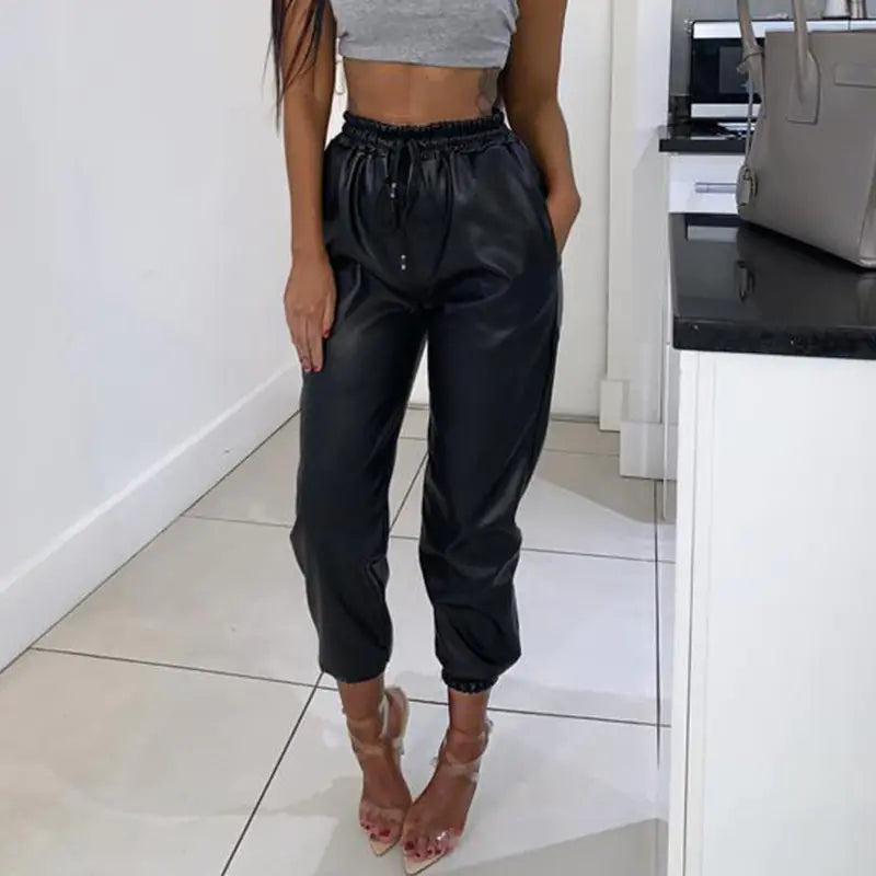 Chic PU Leather Tapered Trousers
