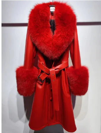 Sheepskin Leather Fox-Collar Coat