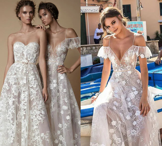 Floral Lace Mesh Gown with Spaghetti Straps