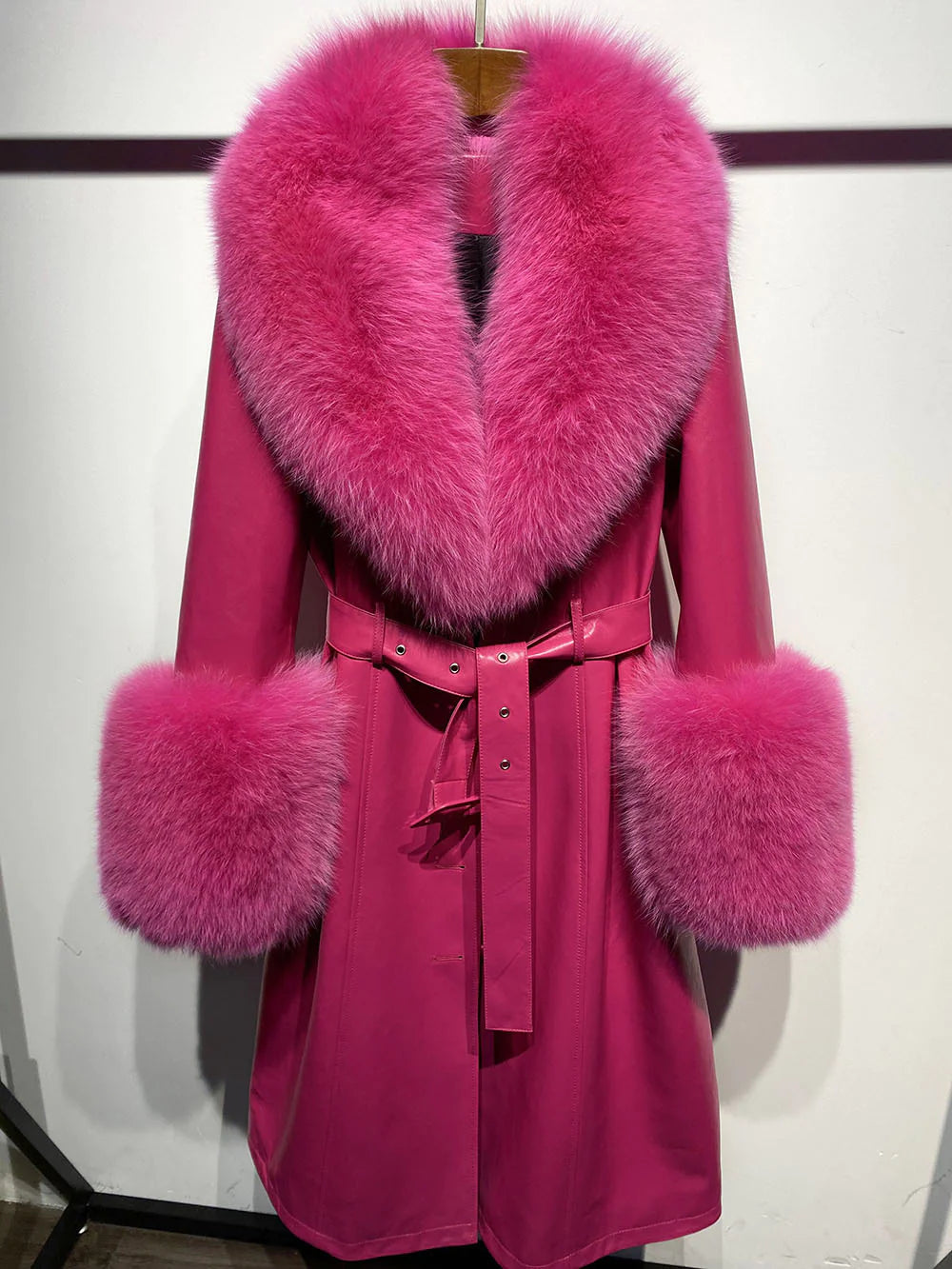 Sheepskin Leather Fox-Collar Coat
