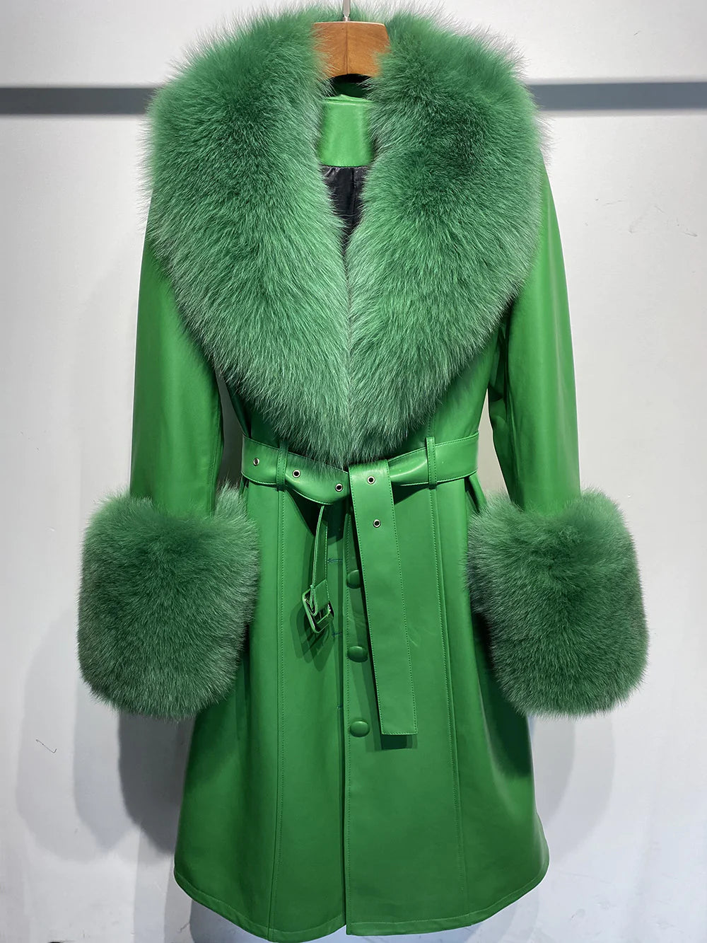Sheepskin Leather Fox-Collar Coat