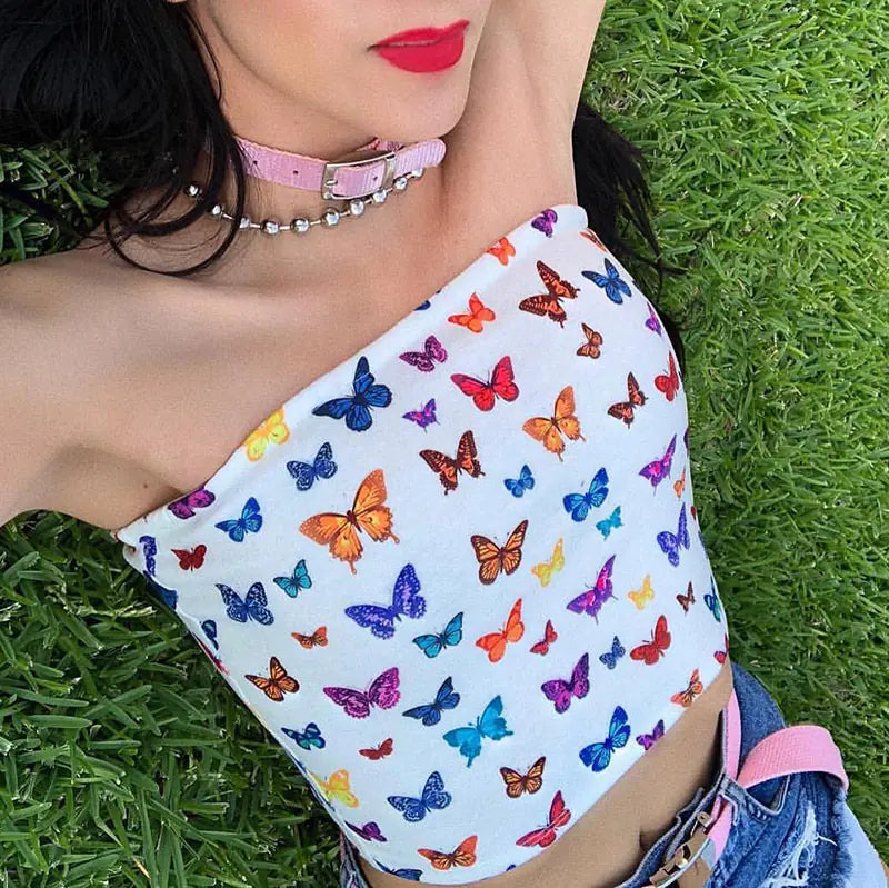 Chic One-Shoulder Butterfly Crop Tee