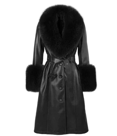 Sheepskin Leather Fox-Collar Coat