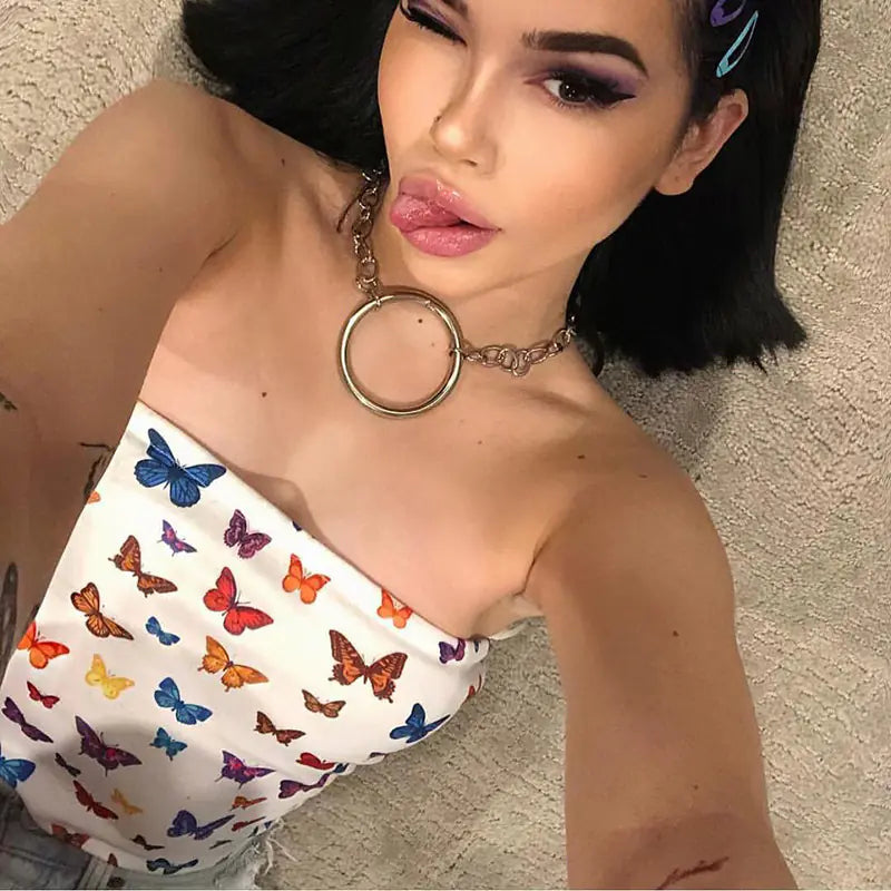 Chic One-Shoulder Butterfly Crop Tee