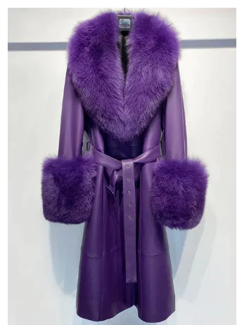 Sheepskin Leather Fox-Collar Coat