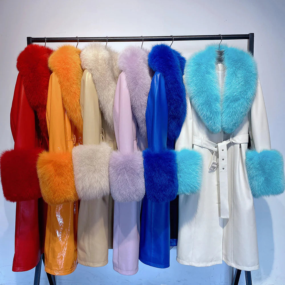Sheepskin Leather Fox-Collar Coat