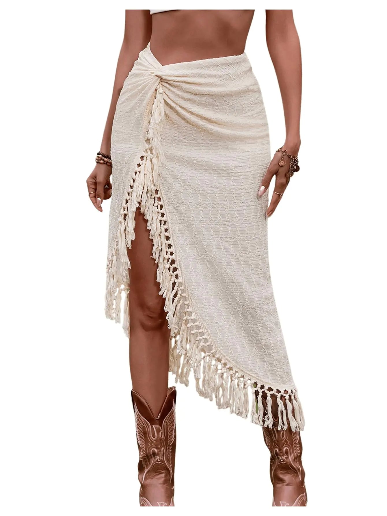 SHENHE Women's Asymmetrical Tassel Midi Skirt in Apricot