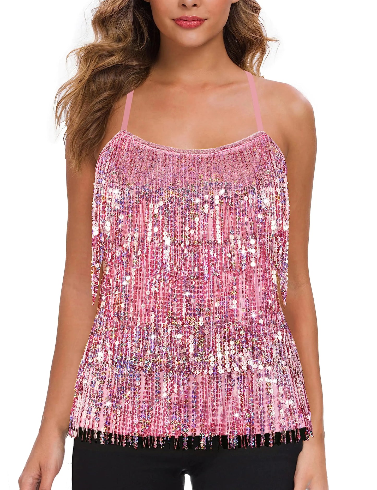 MANER Ladies' Sequin Tassel Cami Sparkle Party Top (X-Small Pink)