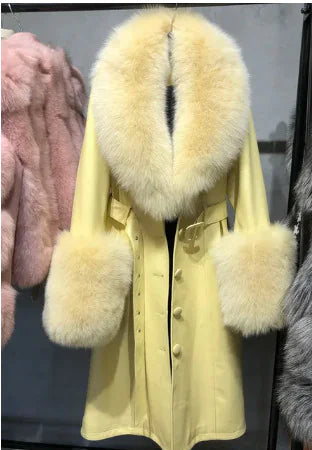 Sheepskin Leather Fox-Collar Coat