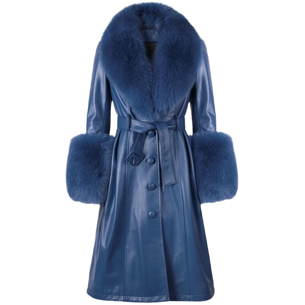 Sheepskin Leather Fox-Collar Coat