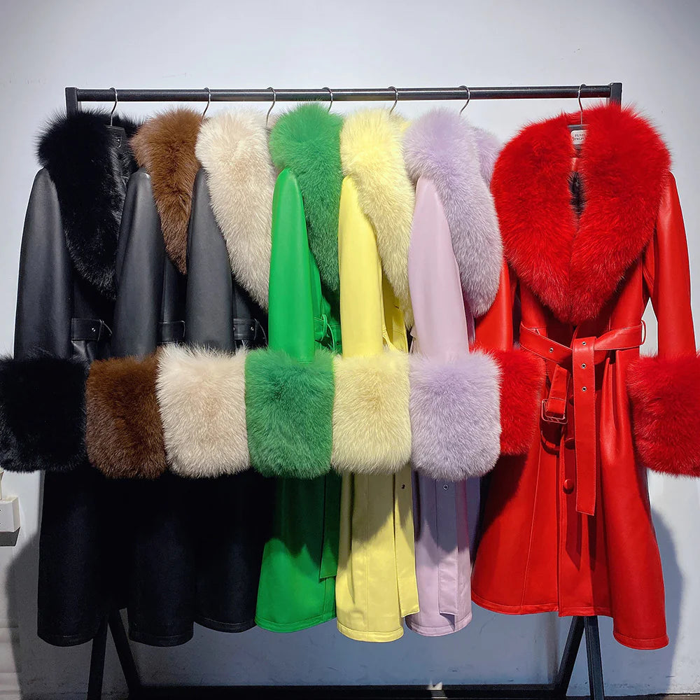 Sheepskin Leather Fox-Collar Coat