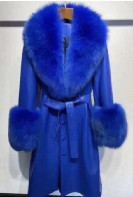 Sheepskin Leather Fox-Collar Coat
