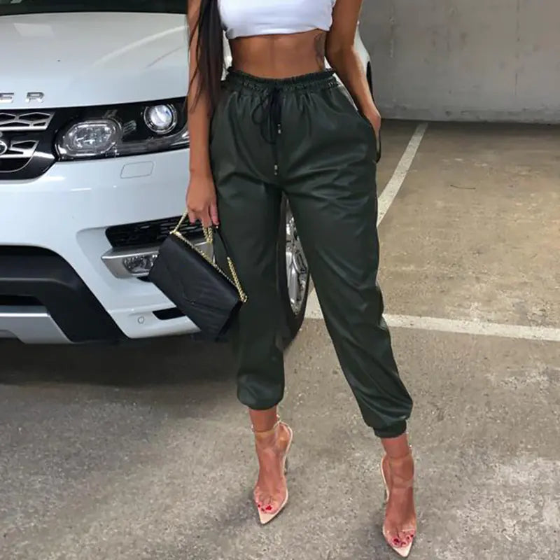 Chic PU Leather Tapered Trousers
