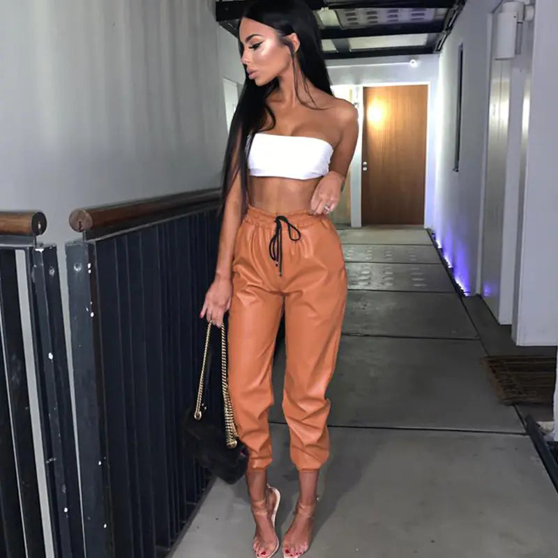 Chic PU Leather Tapered Trousers