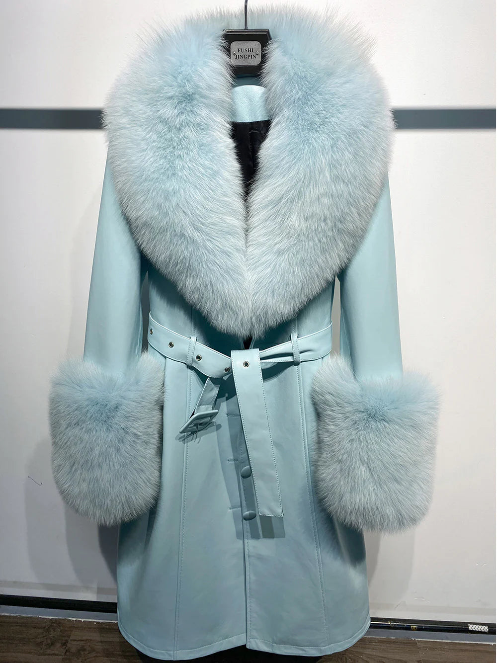 Sheepskin Leather Fox-Collar Coat