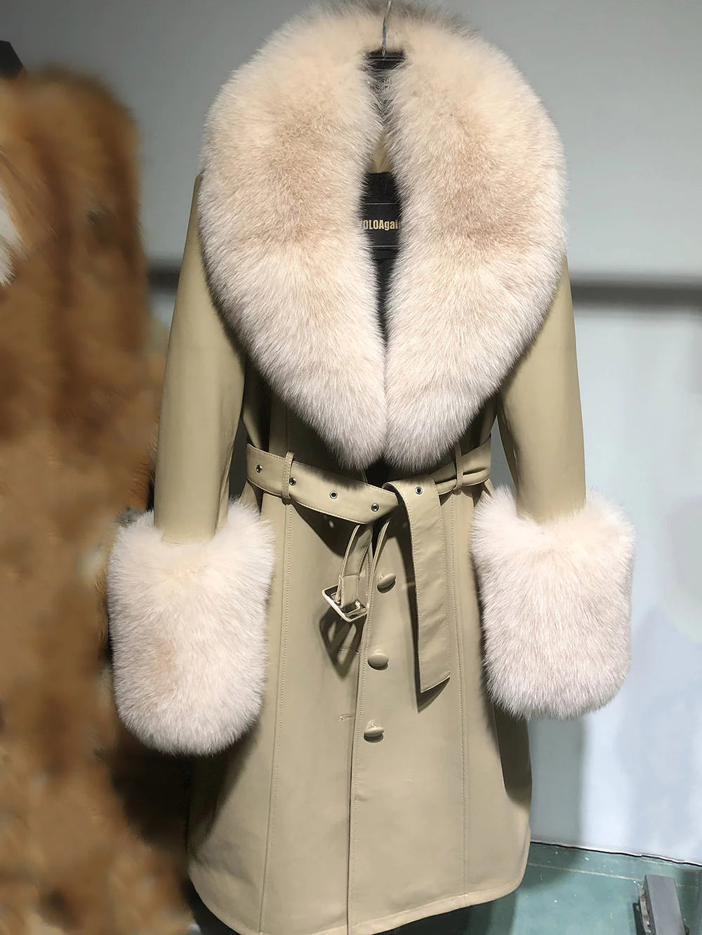 Sheepskin Leather Fox-Collar Coat