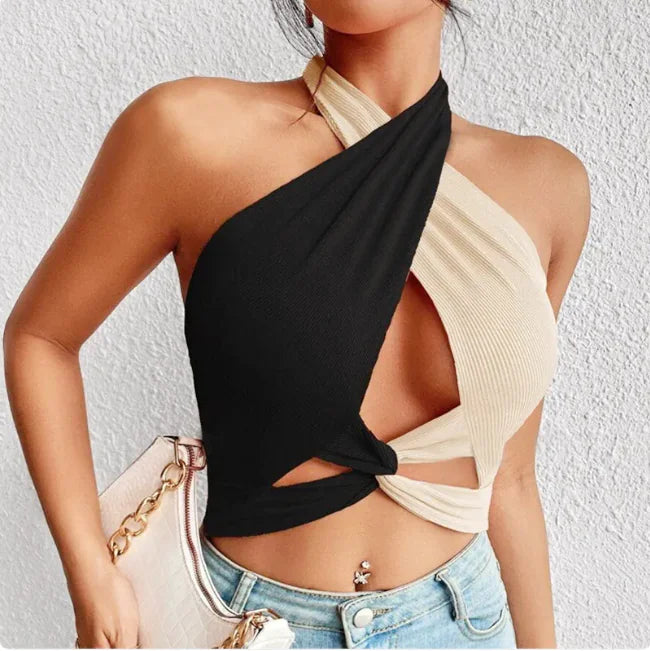 Trendy Sleeveless Block Crop Top