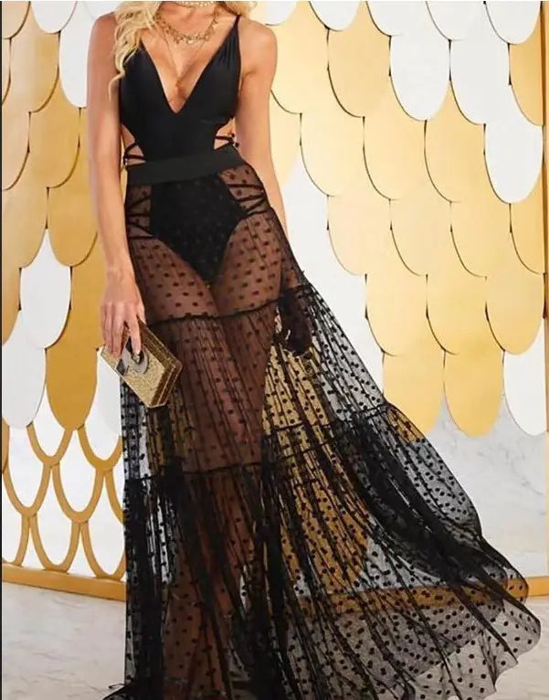 Elegant Mesh Splice Midi Skirt
