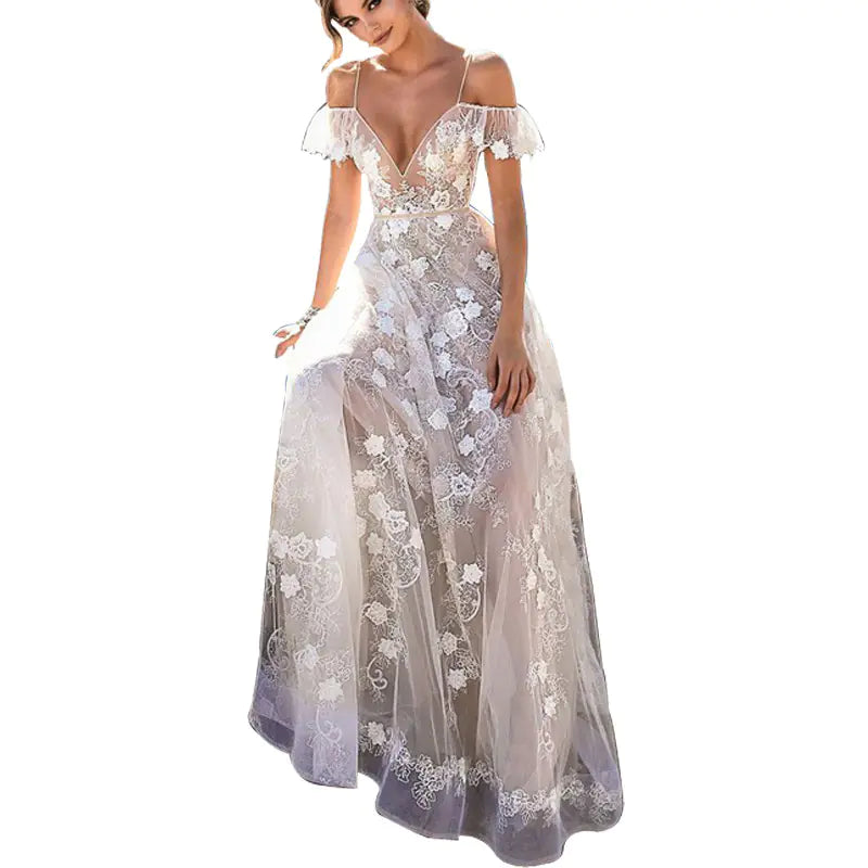 Floral Lace Mesh Gown with Spaghetti Straps
