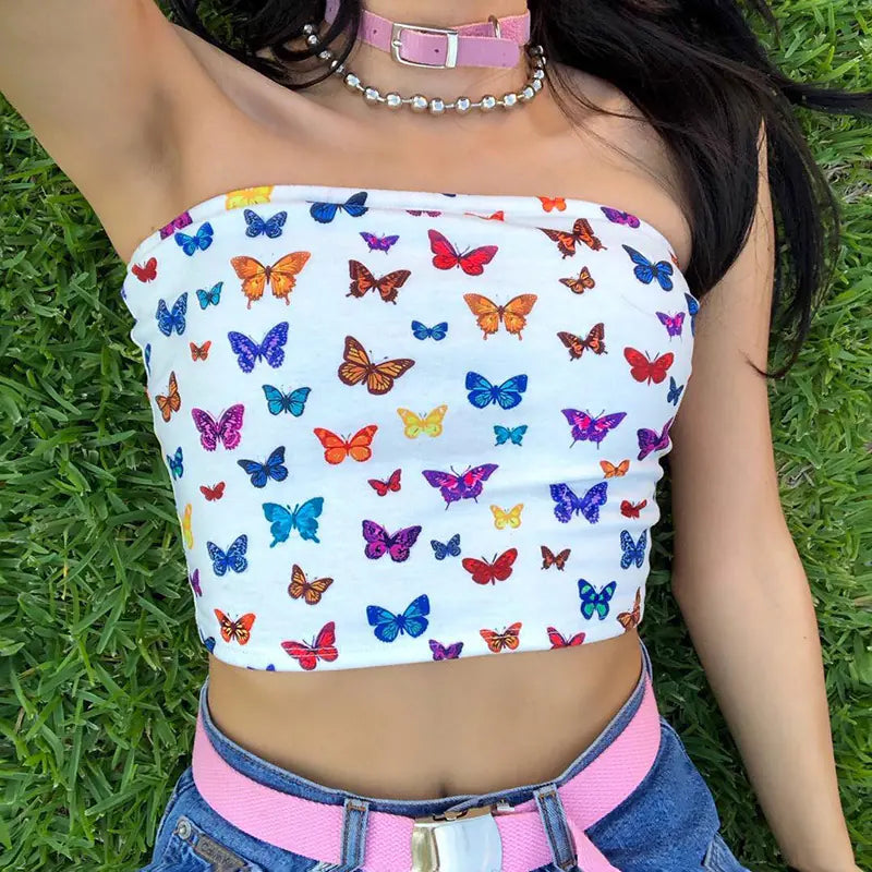 Chic One-Shoulder Butterfly Crop Tee