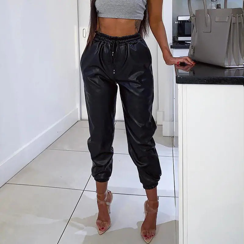 Chic PU Leather Tapered Trousers