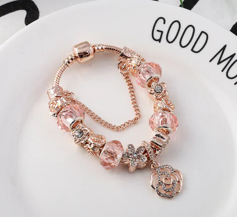 Rose Pendant Gold Beaded Bracelet