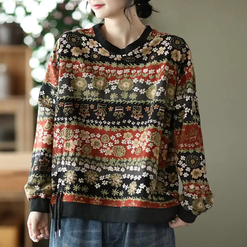 Retro Print Drawstring Blouse