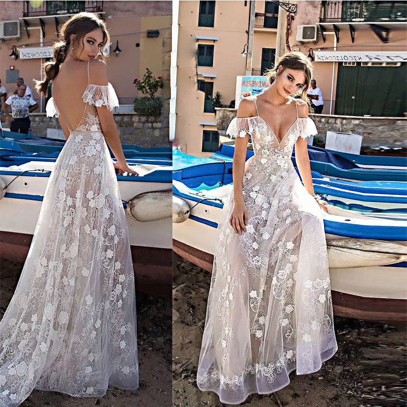 Floral Lace Mesh Gown with Spaghetti Straps