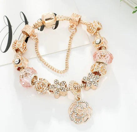 Rose Pendant Gold Beaded Bracelet