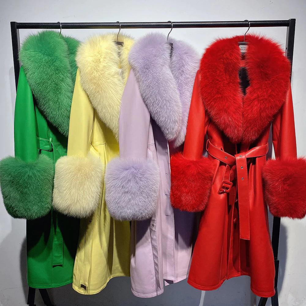 Sheepskin Leather Fox-Collar Coat