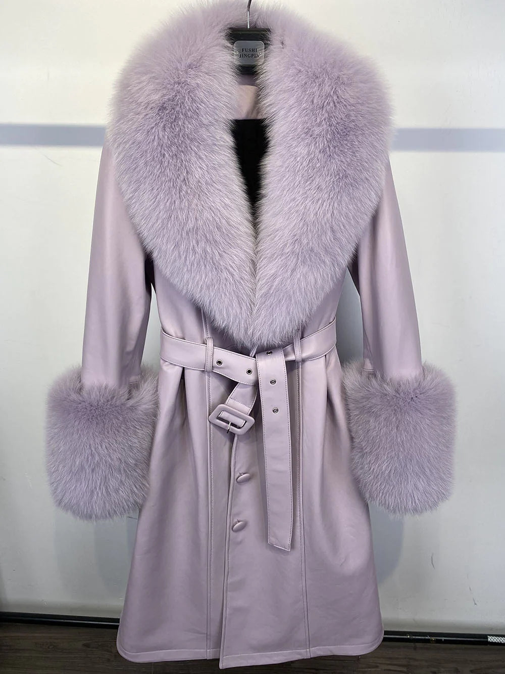 Sheepskin Leather Fox-Collar Coat