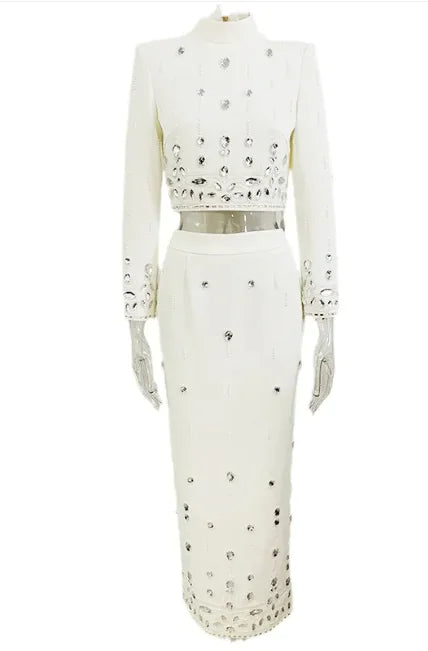 Chic Rhinestone Embellished Skirt Set
