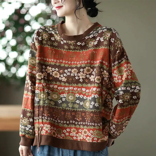 Retro Print Drawstring Blouse