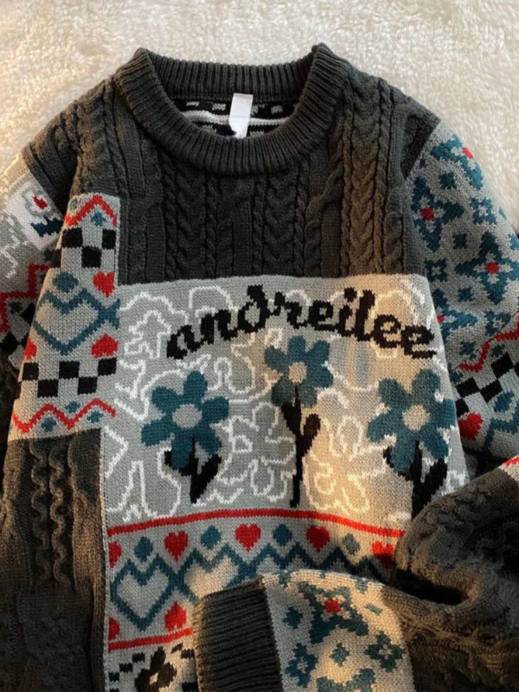 KOSAHIKI Vintage Floral Print Loose Sweater for Women