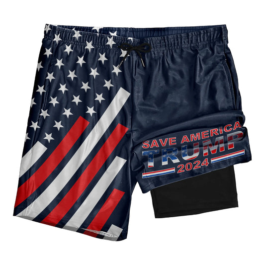 TURMHAWI Compression Liner Swim Trunks for Men - Quick Dry, 7" Inseam, Navy USA Flag, XX-Large