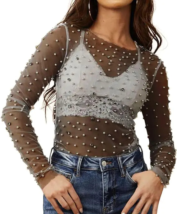 Sheer Pearl Mesh Long Sleeve Blouse