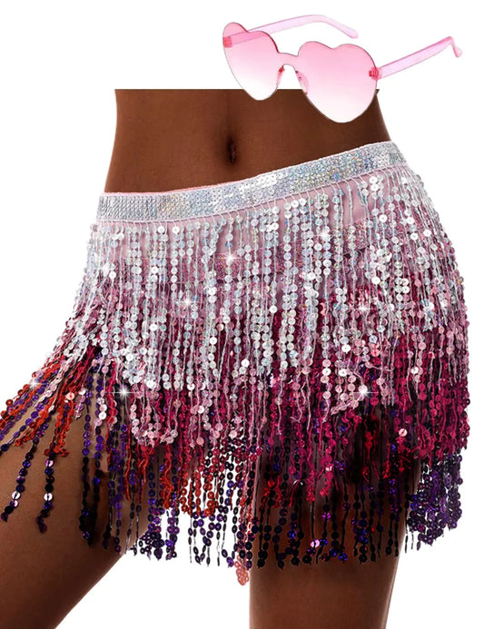 Pink Gradient Sequin Dance Skirt & Heart Sunglasses Set