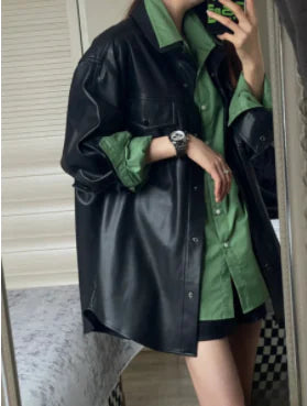 Men's Long Color Block Printed Leather Jacket