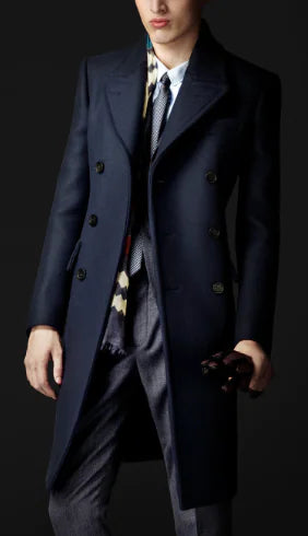 Men's Wool Blend Double Breasted Long Coat (British Style)