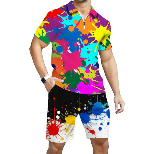 Mlvekrt Men's Hawaiian Polo and Shorts Set