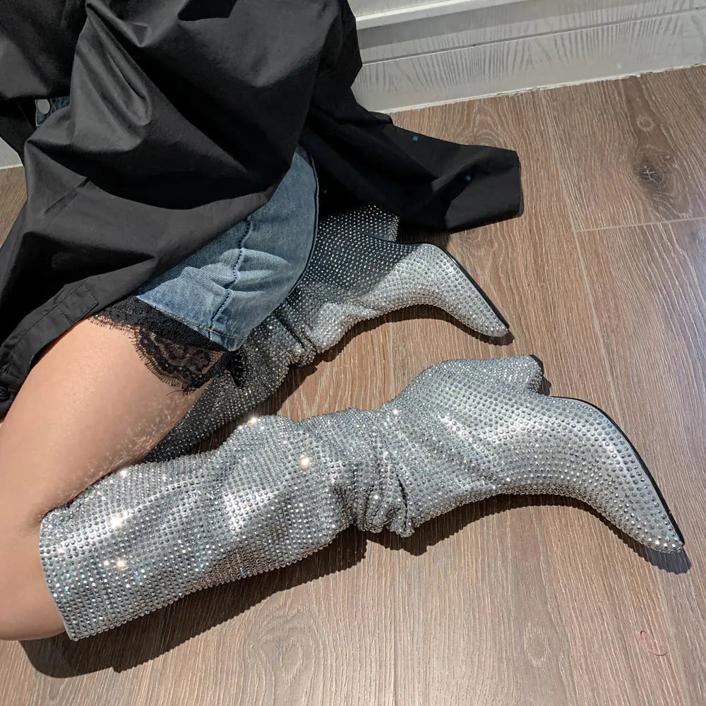 Glam Tapered Rhinestone High Boots
