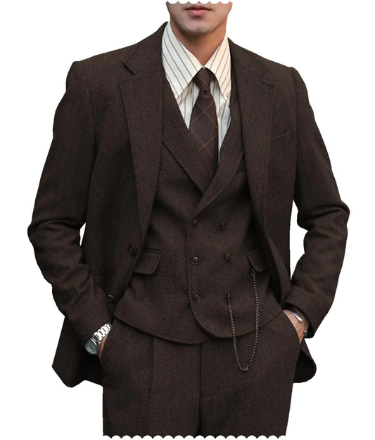 Elegant Men's Tweed Wool 3-Piece Suit - Coffee