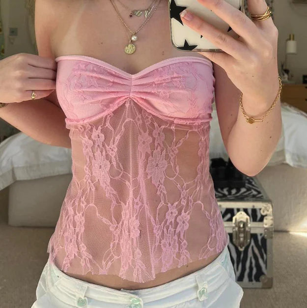 Elegant Sheer Lace Bow Tube Top