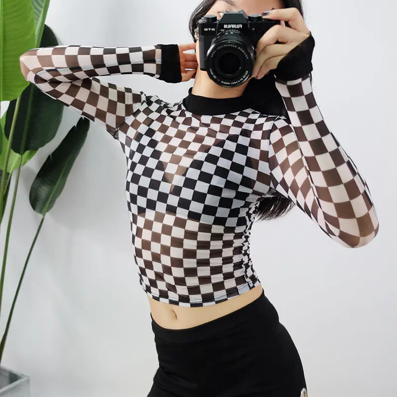 Sheer Checkered Elegance Top