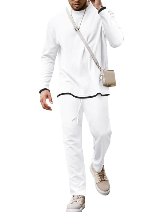Babioboa Mens Winter Solid Tee Long Suit Casual T Shirt Tracksuit Waffle Striped Long Sleeve TShirt Set(WhiteXL)